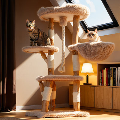 Artisan Solid Wood Branch Cat Tree for Large Maine Coons & Multi-Cat Homes, 56"H
