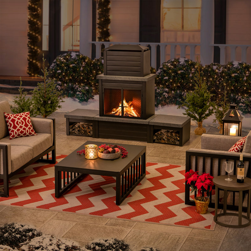 SUNJOY 76 in. Modern Outdoor Wood-Burning Steel Fireplace with Chimney, 2 Side Log Holders, Locking Mesh Doors, Removable Ash Pan, Poker and PVC Cover, Onyx Black