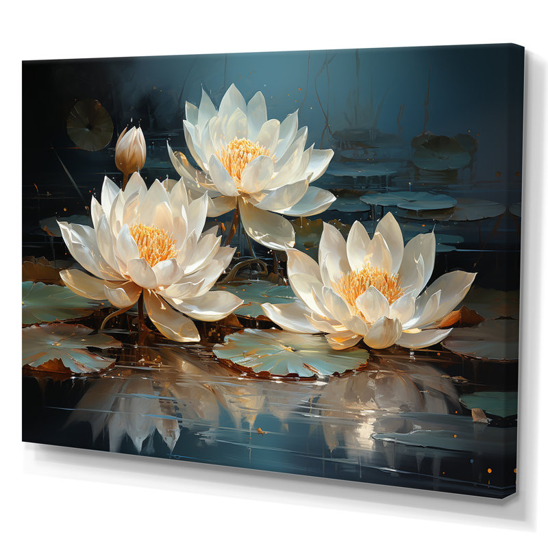 Fleurs de lotus baignées au clair de lune - Art sur toile de lotus, H 16 po x l 32 po x P 1 po, Toile tendue