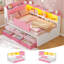 Lit de jour d'angle une place pour enfant, lit plateforme rembourré avec 6 tiroirs de rangement, 3 niches ouvertes, barrière de sécurité, lumières DEL RVB et station de recharge, rose-1825009974