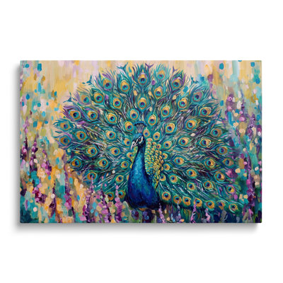Tableau multicolore sur toile représentant un paon dans un paysage, œuvre d'art mural pictural pour le salon, la salle à manger et la chambre.