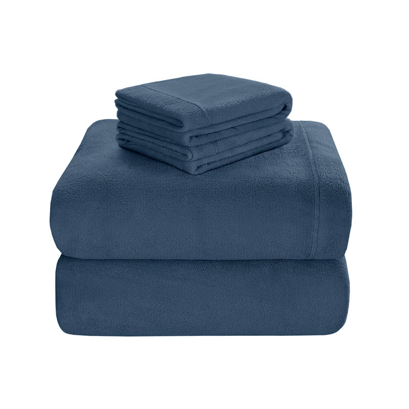 Soloft Plush Blue Micro Plush 4-Piece Queen Sheet Set, Queen Sheet Set with 2 Pillowcases, Blue