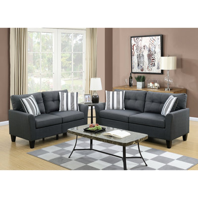 Modern Living Space - 2 pièces en polyfibre gris anthracite brillant, structure en pin massif, base en contreplaqué, dossier rembourré, coussins à rayures, pieds en bois en polyfibre contemporain, pour la décoration de la pièce