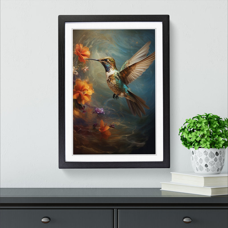 Hummingbird Conceptual - Single Picture Frame Print on Wood, 64cm H x 46cm W x 2cm D, Black Framed