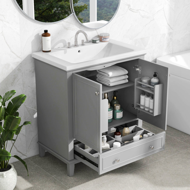 Ensemble de meuble-lavabo autoportant en bois massif + panneau de fibres à densité moyenne de 30 po avec lavabo Apsford, Gris