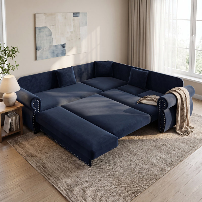 Canapé-lit en forme de L 88,22 "avec canapé-lit en canapé-lit convertible surdimensionné en chenille avec garniture cloutée et accoudoirs roulés