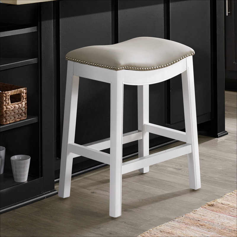 Williston Counter Height Stool, White, Solid Rubberwood Frame, Leather-Like Upholstered Seat, Silver, 1