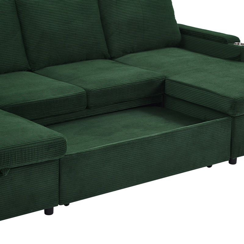 Canapé modulaire convertible en velours côtelé de 109,5 po avec porte-gobelets et rangement Patrick, Velours côtelé vert