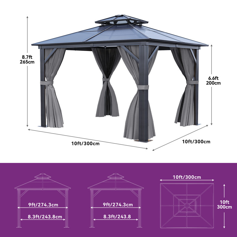 Pavillon de jardin en aluminium à toit double avec toit rigide en polycarbonate, 10 pi. L 10 pi. D
