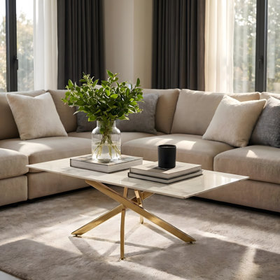 Coffee Table 23.6"W × 47"D × 16.5"H Metal/Tempered Glass Coffee Table Gold/White Tempered Glass Top