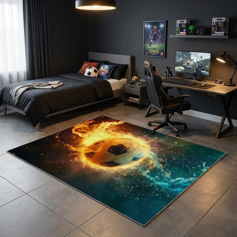 Tapis lavable de soccer bleu, rouge et noir 6 pi x 9 pi