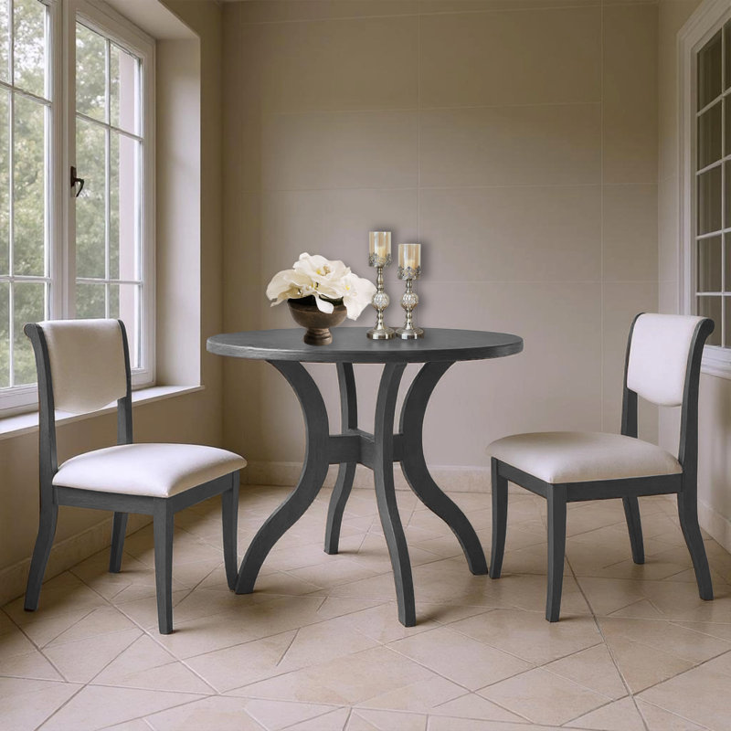 Cairo 2-Person Solid Wood Dining Table Set with Upholstered Chairs & Curved Legs, Gray