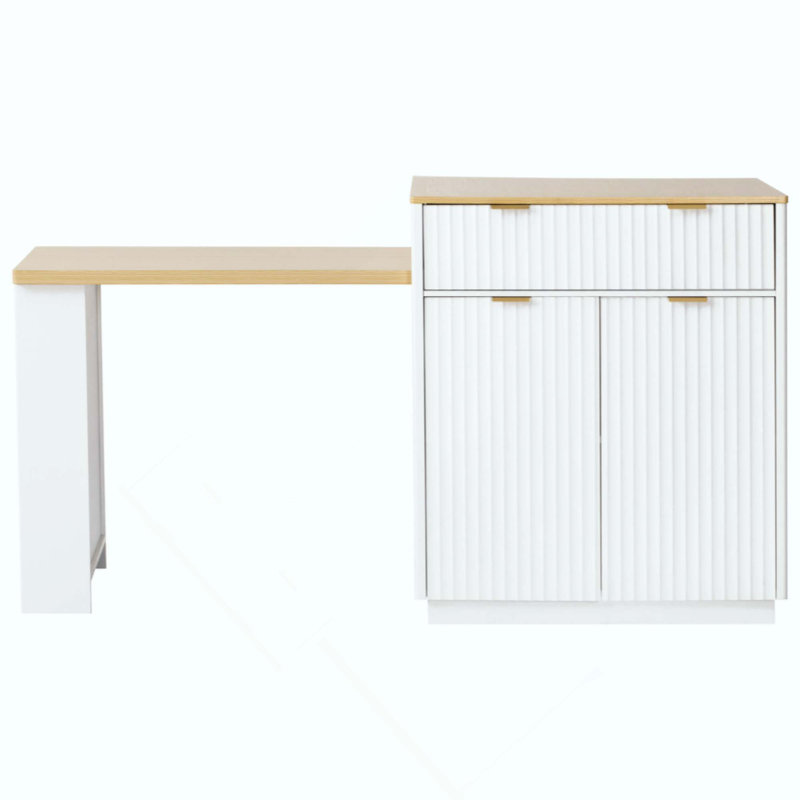 Fluted Kitchen Island With Extendable Dining Table For 4-6, Island Table For Kitchen With Power Outlet, Kitchen Table With Double-Side Storage, 2 Drawers 2 Side Open Shelves