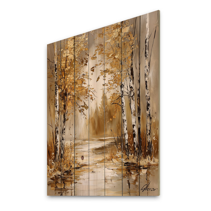 Automne bouleaux au bord de la rivière II - Art mural traditionnel en bois sur bois de pin naturel, H 44 po x l 34 po