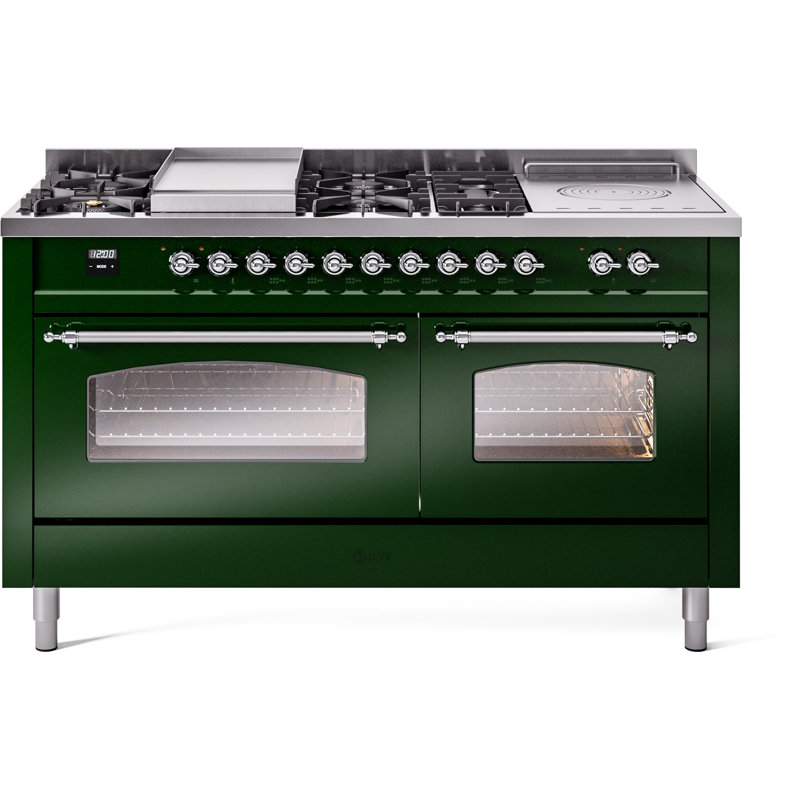 ILVE Nostalgie II Series 60 inch Dual Fuel Range with 5 Sealed Burners, Griddle, Frenchtop (Glass Door), Emerald Green/Chrome