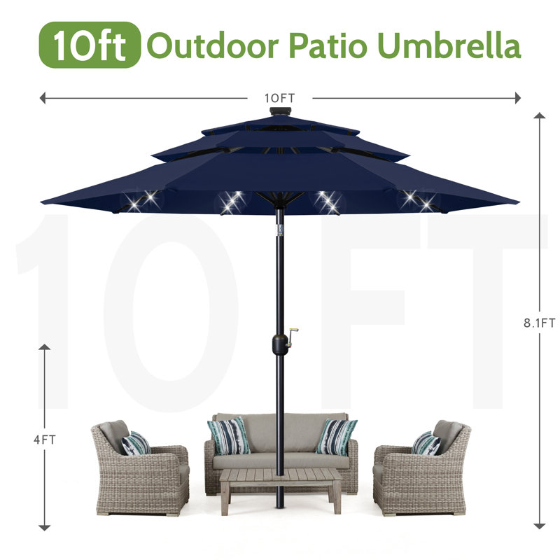 10Ft 3-Tier Solar Patio Umbrella，LED Lights Patio Umbrellas With 8 Sturdy Ribs,UV Protection For Garden Deck Backyard Pool