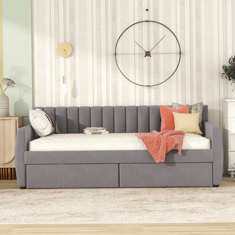 Upholstered Daybed With Drawers, Wood Slat Support, Gray