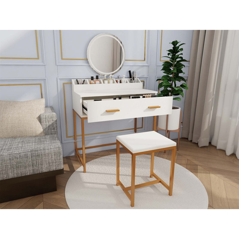 Ensemble de coiffeuse à maquillage élégant avec miroir, tabouret et rangement - Conception compacte dorée pour les petites chambres et une organisation efficace