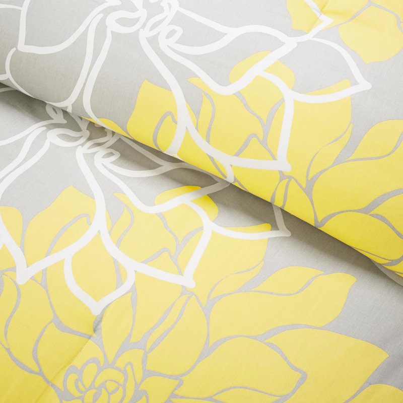 Édredon très grand taupe gris / jaune - coton imprimé, 3 coussins décoratifs, édredon en coton lavable à la machine gris / jaune, jupe de lit