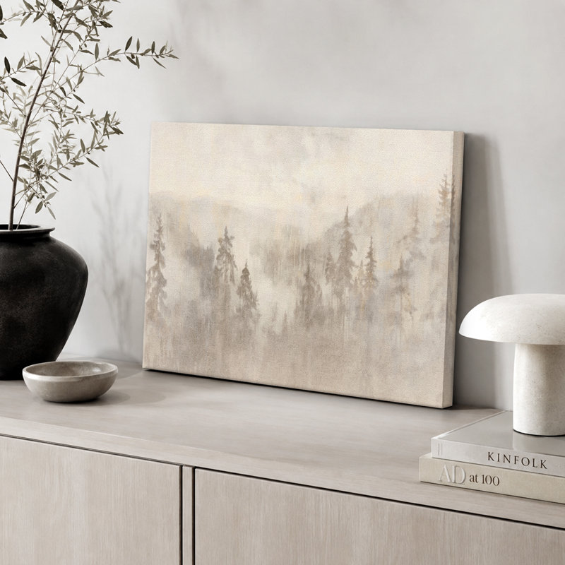 «Woodland Forest Landscape Misty Forest Soft Neutral Landscape Illustration Modern Large Large Canvas Art, art mural»