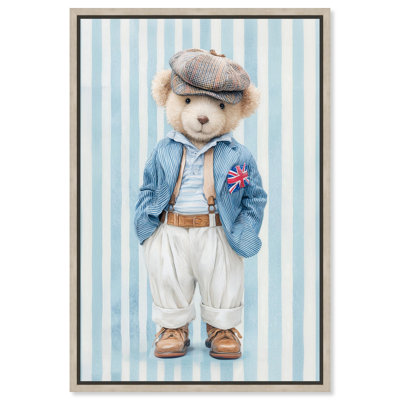 Union Jack Teddy Bear Framed Canvas Print Nursery Wall Decor by Art Remedy, Blonde Frame, 20 x 30