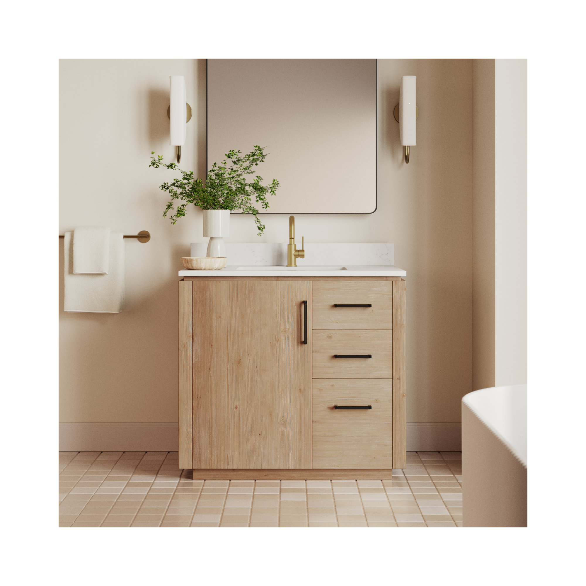 Cloverfield 36'' Single Bathroom Vanity, Fir Wood Brown, Matte Black