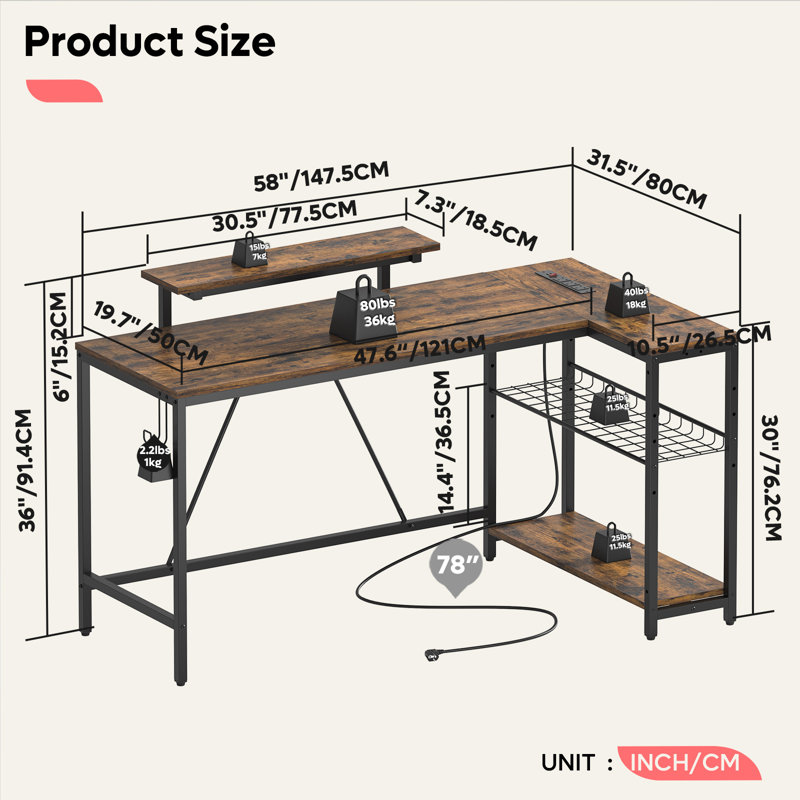 Baford L-shaped Computer Desk with Power Outlet, Gaming Desk with Monitor Stand and Shelves, 91.4cm H x 147cm W x 80cm D