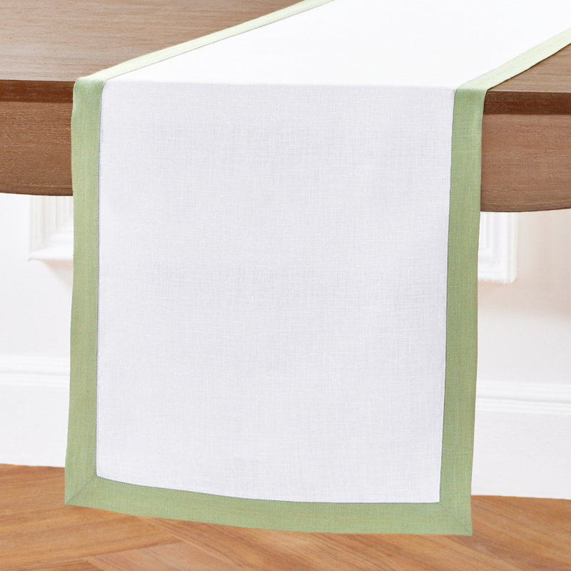 Classic - 100% Pure Linen Table Runner, 120" x 14", Narrow Border, Sage Green/White
