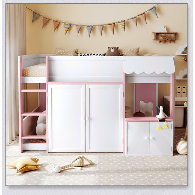 Lit mezzanine avec maisonnette et rangement, lit en bois moderne pour enfants / adolescents, parfait pour le plaisir et la fonctionnalité