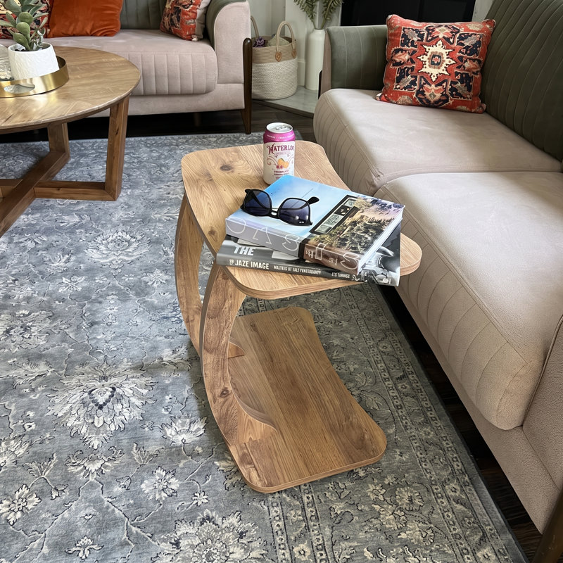 Modern C-Shaped Side & End Table, Compact Coffee Table Alternative for Sofa and Living Room, Rectangle, Brown