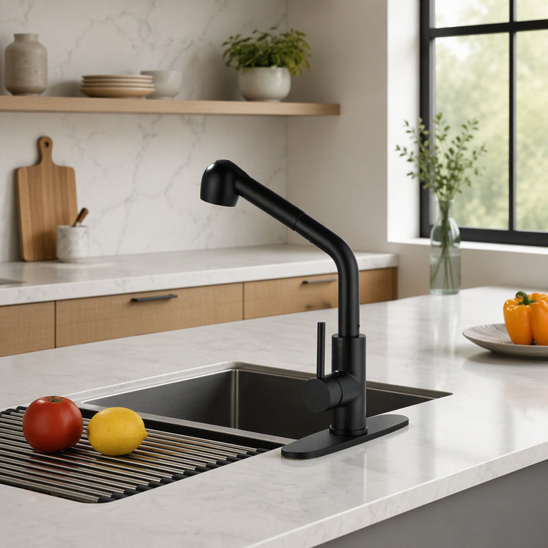 Robinet de cuisine noir mat avec douchette amovible, poignée unique pour un contrôle facile de la température et rotation à 360°