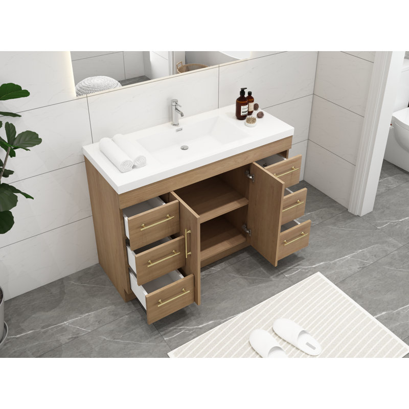 Ensemble de meuble-lavabo simple 48 po Carliss, Blanc/chêne, Or