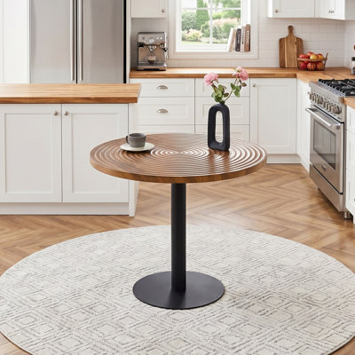 Table de salle à manger ronde 32 po, table de salle à manger de cuisine pour 2 à 4 personnes avec plateau en bois rainuré en spirale, table bistro à piédestal polyvalente pour appartement et café (table seulement)