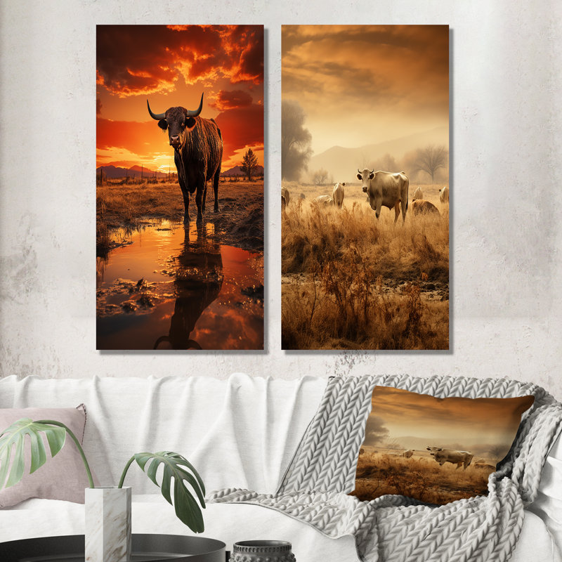 "Bétail Silhouette Serenade", 2 pièces sur toile, H 20 po x l 24 po, Toile tendue