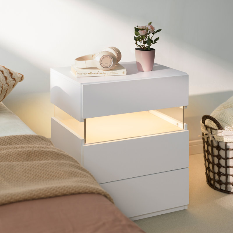 Table de chevet moderne à 3 tiroirs à DEL moderne avec éclairage doux, Blanc