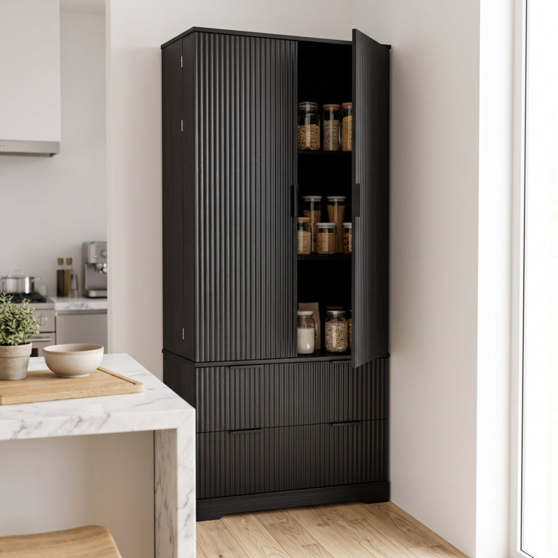 Armoire garde-manger cannelée moderne 72 po avec 2 tiroirs, 8 étagères à épices et 8 tablettes réglables, armoire de rangement autoportante pour la salle à manger, la salle de bain et le vestibule