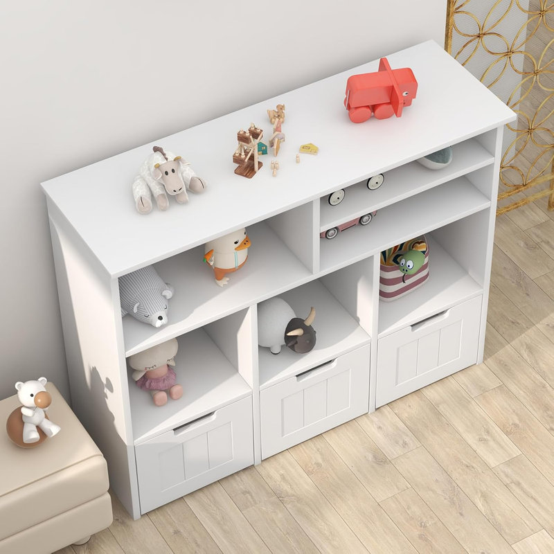 35'' Kids Toy Storage Organizer with 6 Cubbies & 3 Drawers, 3-Tier Bookshelf for Playroom, Bedroom, Nursery, Easy Assembly, White