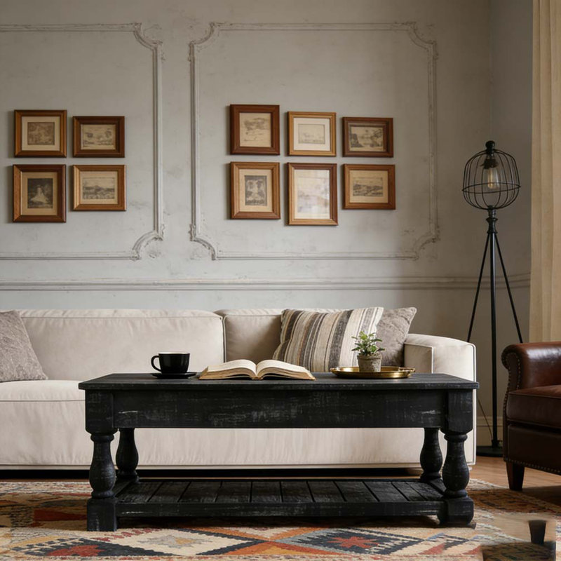 Table basse à plateau relevable avec tablette fixe Farmhouse - 3 plateaux de rangement cachés, Noir antique, Noir antique
