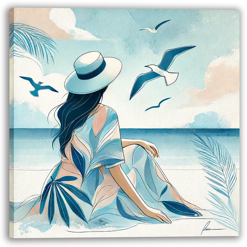 «Island Reverie: Woman with Hat and Seagulls», art mural sur toile, H 30 po x l 30 po x P 1,5 po