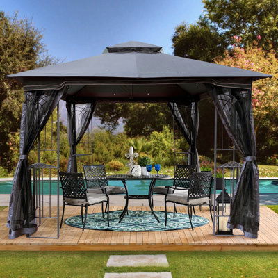 Tente de jardin pour patio 10 x 10 avec toit double et moustiquaire détachable - auvent gris pour la pelouse, le jardin, la cour et la terrasse