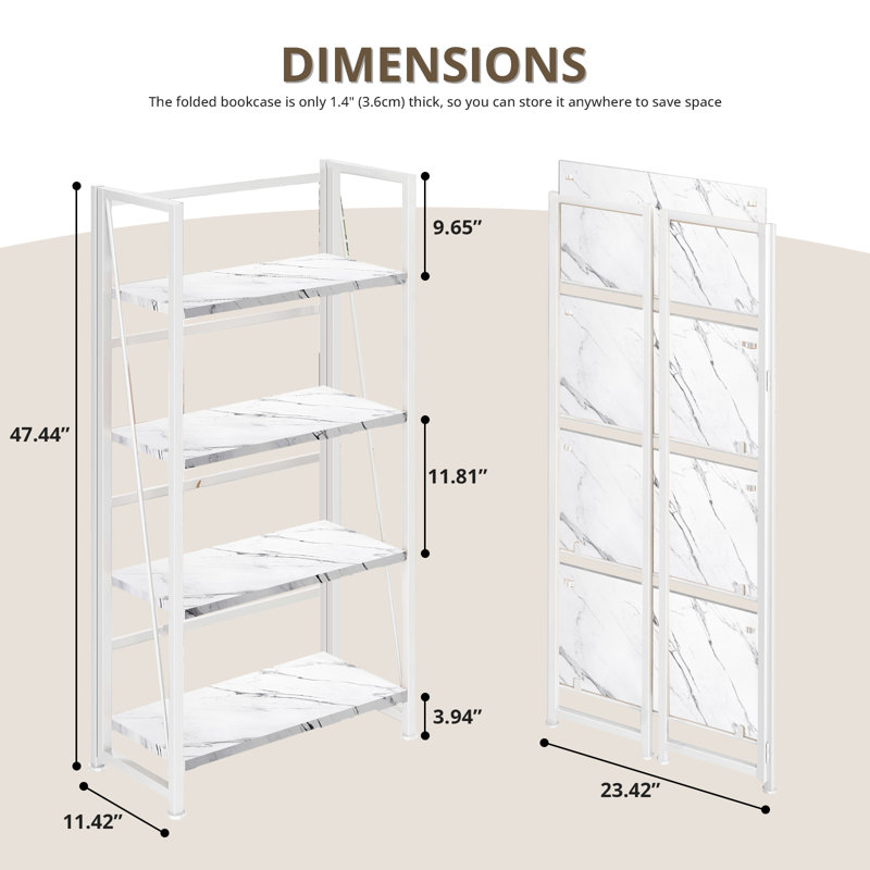 4-Tier Foldable Bookshelf With Metal Frame, No-Assembly Storage Shelves & Plant Display Rack For Home Office, White