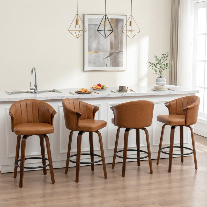 Tabouret de comptoir pivotant rembourré avec structure en bois Devault, Brun