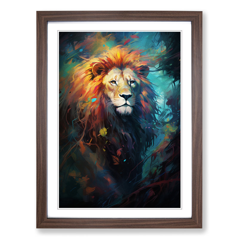 Lion Conceptual - Single Picture Frame Print on Wood, Walnut Framed, 46cm H x 34cm W x 2cm D