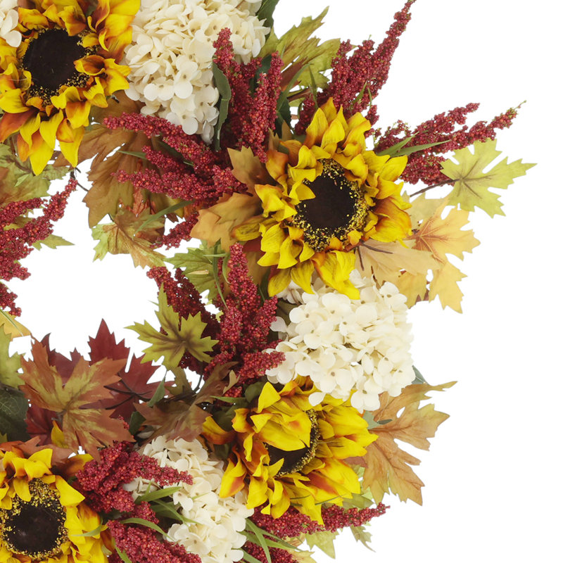 Fall Sunflower Wreath with Hydrangeas and Heather