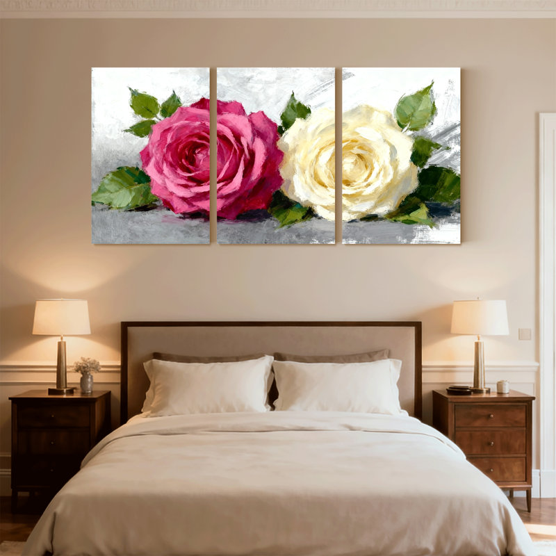 Rose, rose, rose, blanc, rose, feuilles vertes, réflexion, ensemble de 3 impressions sur toile, H 30 po x l 60 po