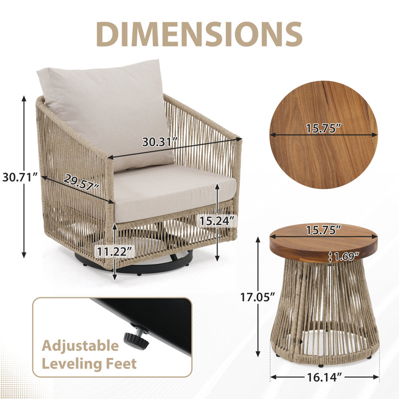 Ensemble de chaises d'extérieur en osier pivotant 3 pièces
