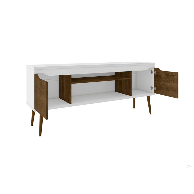 63" Elegant TV Stand With Retro Legs & Versatile Design, White/Brown
