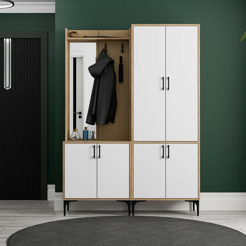 Élégant support de couloir avec support à suspendre, chêne et blanc, 27,6 po x 77,2 po x 13,8 po | Panneau de particules 100% mélaminé | Comprend de nombreuses tablettes, une conception murale et du rangement supplémentaire pour l'organisation à la maison