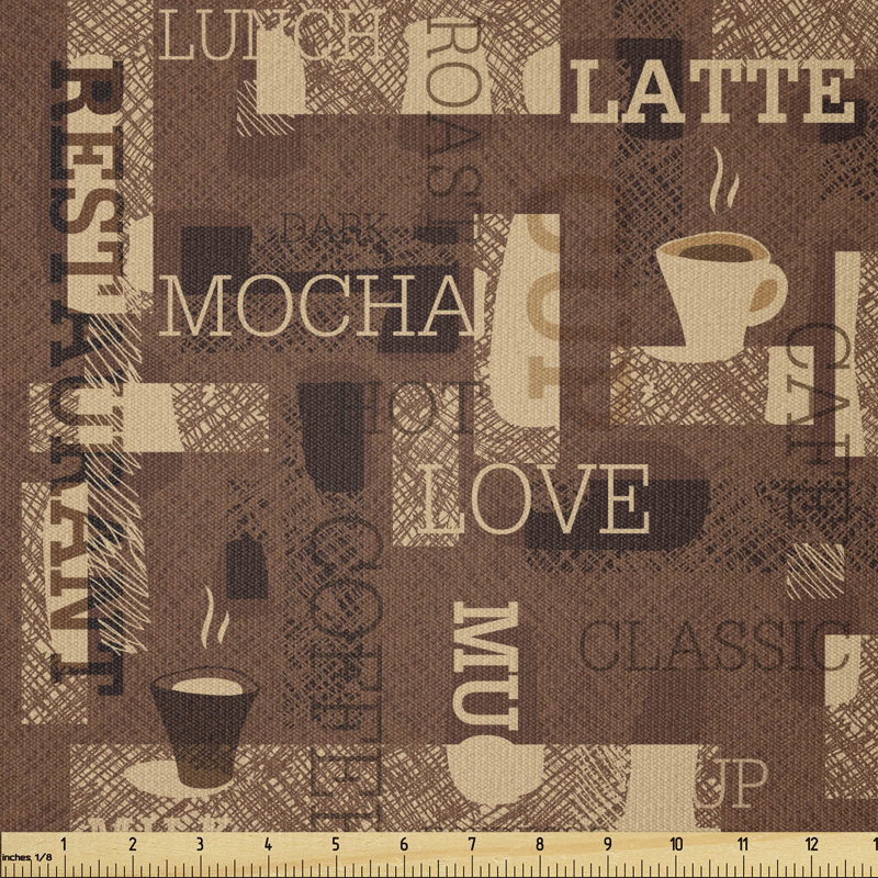 Tissu de café à la verge, motif de cafétéria avec typographie de lait chaud au lait moka sur fond gribouillis, carré