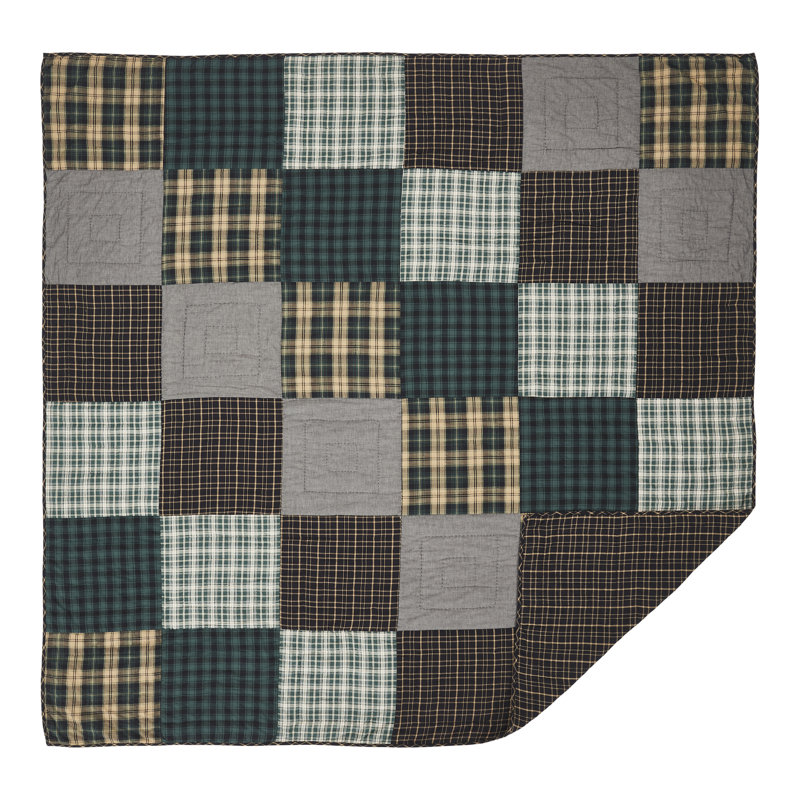 Queen Black and Green Cotton Reversible Patchwork Quilt